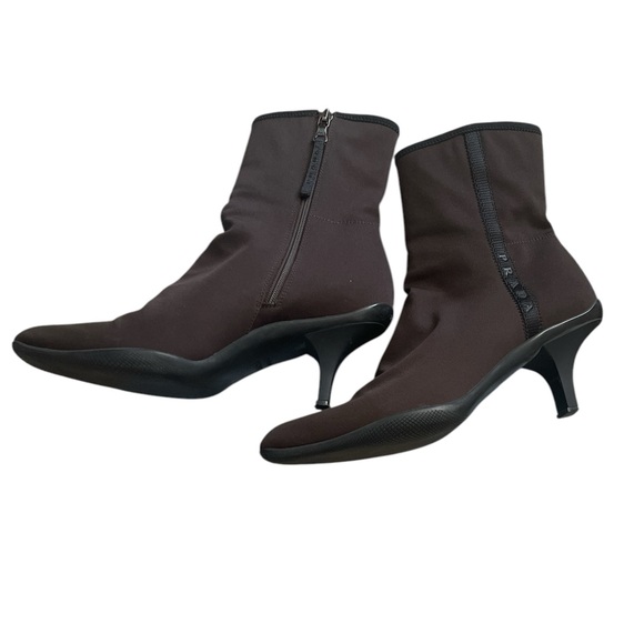 Prada Triangle Logo Leather Kitten-Heel Booties - Bergdorf  Prada low heel ankle boots